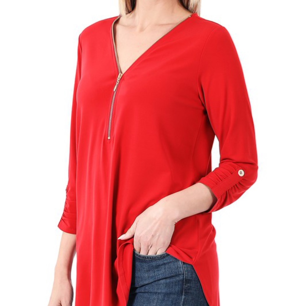 Plus Size Red 3/4 Sleeve loose Fit Zipper Blouse